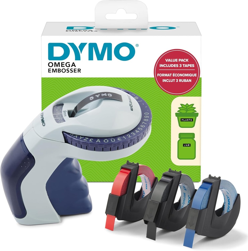 Sistem de etichetare DYMO cu 3 benzi | Kit de pornire pentru Omega Label Maker | Design compact cu rotita rotativa | Pentru casa, bricolaj si arte si mestesuguri (£/€, A, O & U)