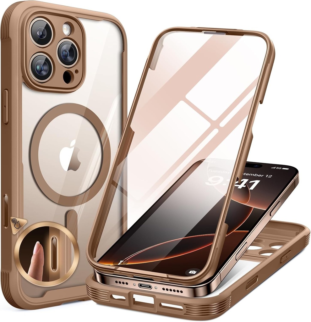 Husa Miracase 360 ​​​​de grade pentru iPhone 16 Pro Max cu Magsafe, protector de ecran din sticla incorporat, husa cu protectie completa pentru telefon mobil Husa magnetica rezistenta la socuri pentru iPhone 16 ProMax Huse de protectie de 6,9 ​​inci, maro auriu