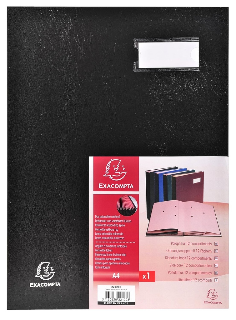 Exacompta - Ref. 24121E - 1 carte de semnaturi executive - cotor cu gusa din panza - suport eticheta - coperta laminata - 12 compartimente roz pentru carduri cu 3 perforatii - dimensiune 24x32 cm - culoare neagra