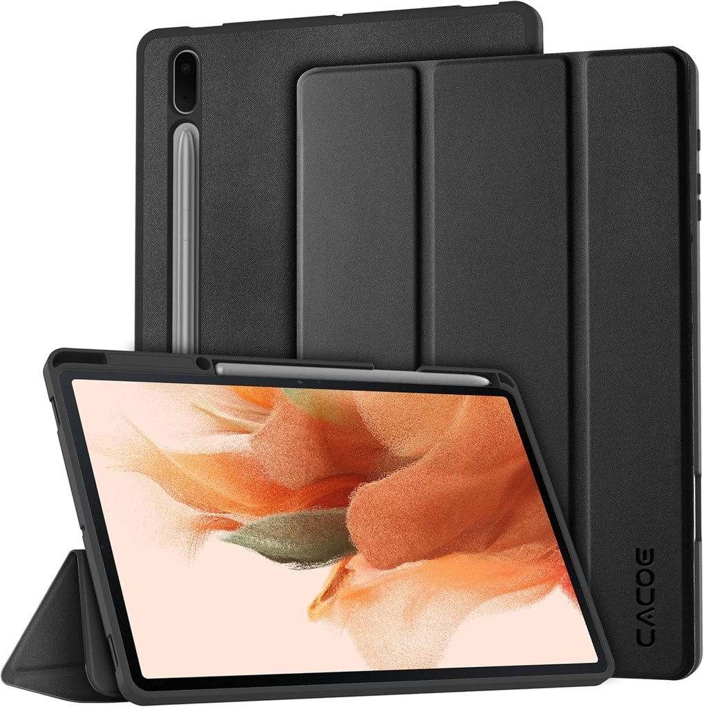 Husa CACOE compatibila cu Samsung Galaxy Tab S7 FE 12.4 5G/ S8+ Plus 5G 2022/ S7+ Plus 12.4 - Ultra subtire cu functie de suport Piele PU subtire Se potriveste SM-T730/ T736B/ SM-X800/ X806, neagra