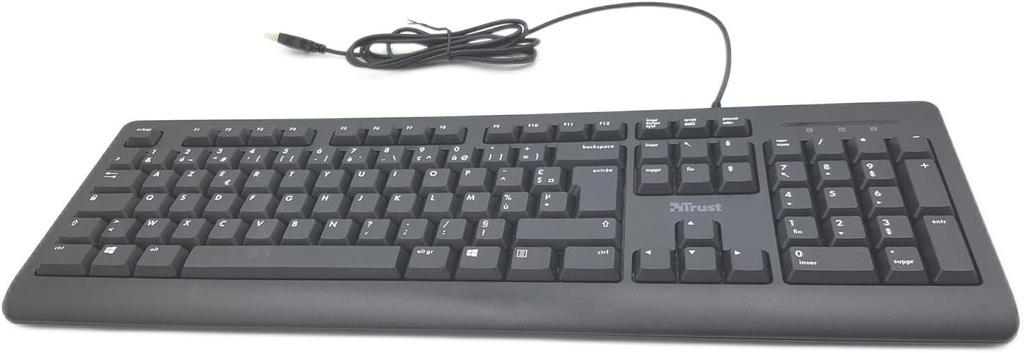Trust Taro Tastatura cu fir AZERTY Franceza, Rezista la stropire, Silentioasa, Cablu USB de 1,8 m, Taste plate, Tastatura PC, Laptop, Computer, Windows, Mac OS - Negru