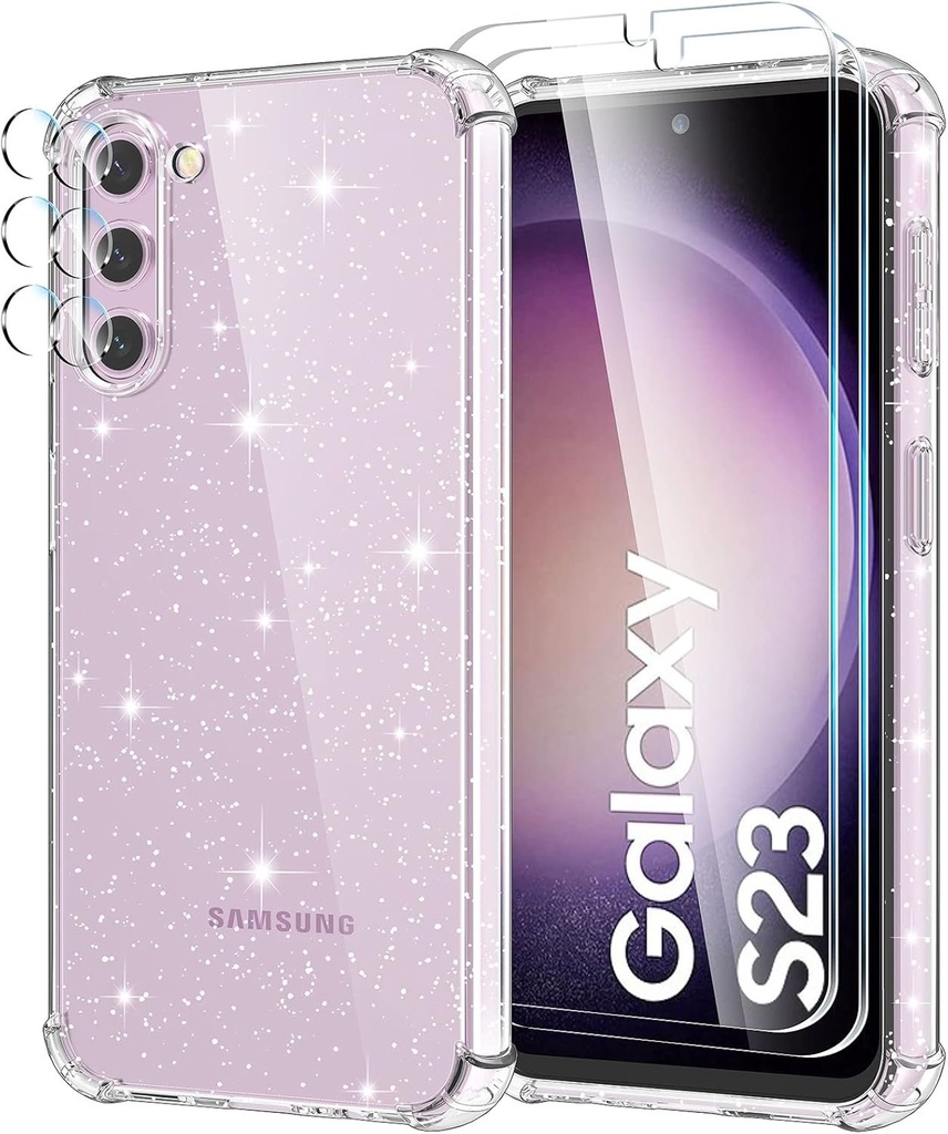 Husa YIRSUR pentru Samsung Galaxy S23 Glitter, cu 2 bucati de protectie pentru ecran din sticla securizata si 2 bucati de protectie pentru camera spate, husa transparenta cu sclipici din silicon TPU, husa antisoc