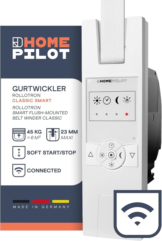 HOMEPILOT RolloTron rulou electric inteligent clasic pentru rulouri de pana la 45 kg (aproximativ 6 m²), pentru centura de 23 mm, complet cu telecomanda (aplicatie, Alexa, Google prin serverul web premium pentru automatizarea casei)