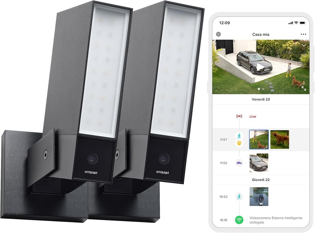Netatmo Pachet de 2 camere de exterior, iluminare integrata, detectarea oamenilor, 1920p, Wi-Fi, masini si animale, aluminiu negru, NBU-2-NOC-AMZ