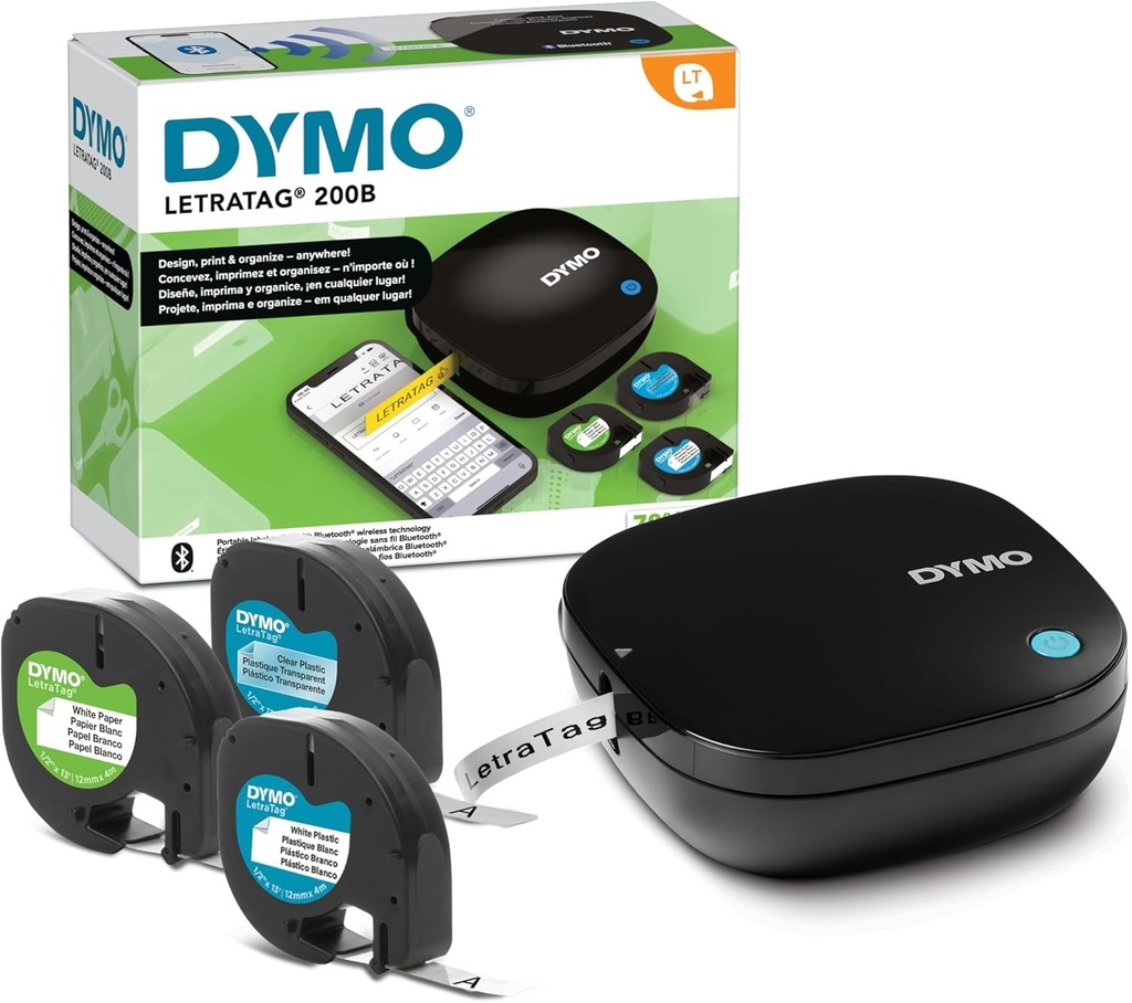 Producator de etichete DYMO LetraTag 200B cu Bluetooth | Imprimanta compacta de etichete | Se conecteaza la iOS si Android prin tehnologia wireless Bluetooth | Include 3 benzi de etichete