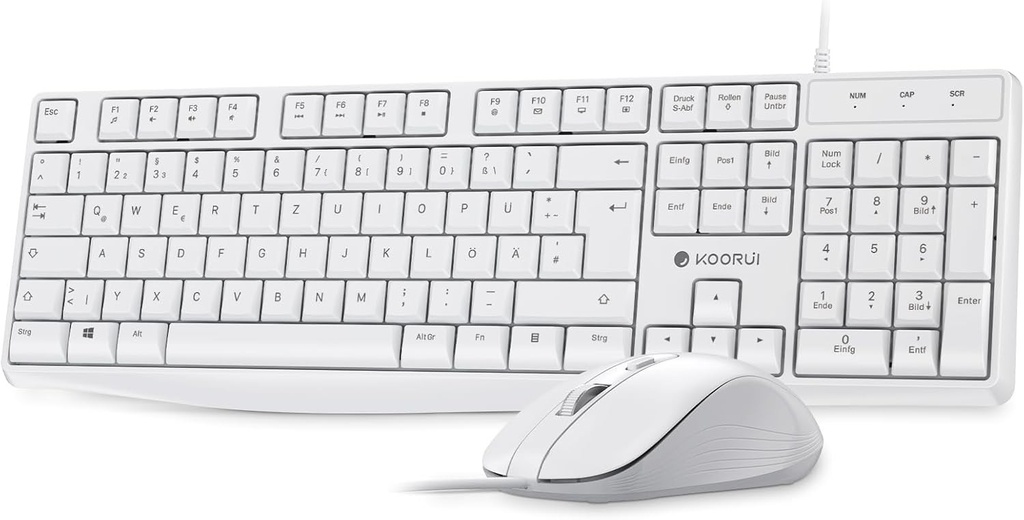 Tastatura si mouse KOORUI, set de tastatura mouse cu aspect german QWERTZ cu 12 taste functionale Set de mouse pentru tastatura pentru Windows, MacOS, Linux-alb