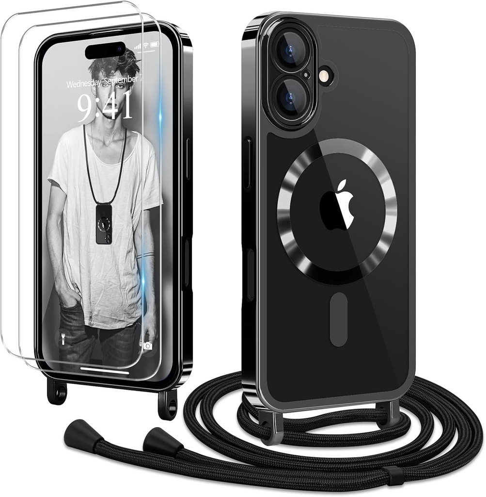 Lant de telefon mobil Ethanger pentru husa iPhone 16 cu curea + 2 bucati de protectie ecran din sticla Husa silicon transparenta pentru telefon mobil Husa de protectie magnetica pentru cordon de agatat pentru iPhone 16 negru