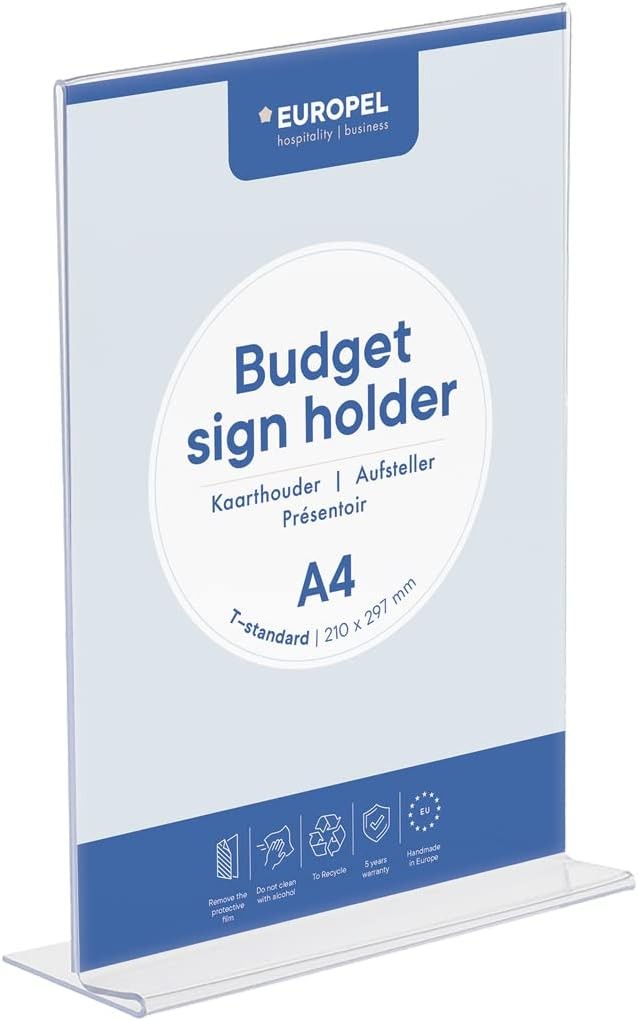 Afisaj de masa Europel Budget, T-Base, dimensiune portret A4, polistiren transparent de 1,5 mm, poster, pentru restaurante, hoteluri, conferinte, receptii, de sine statatoare si transparent pe doua fete