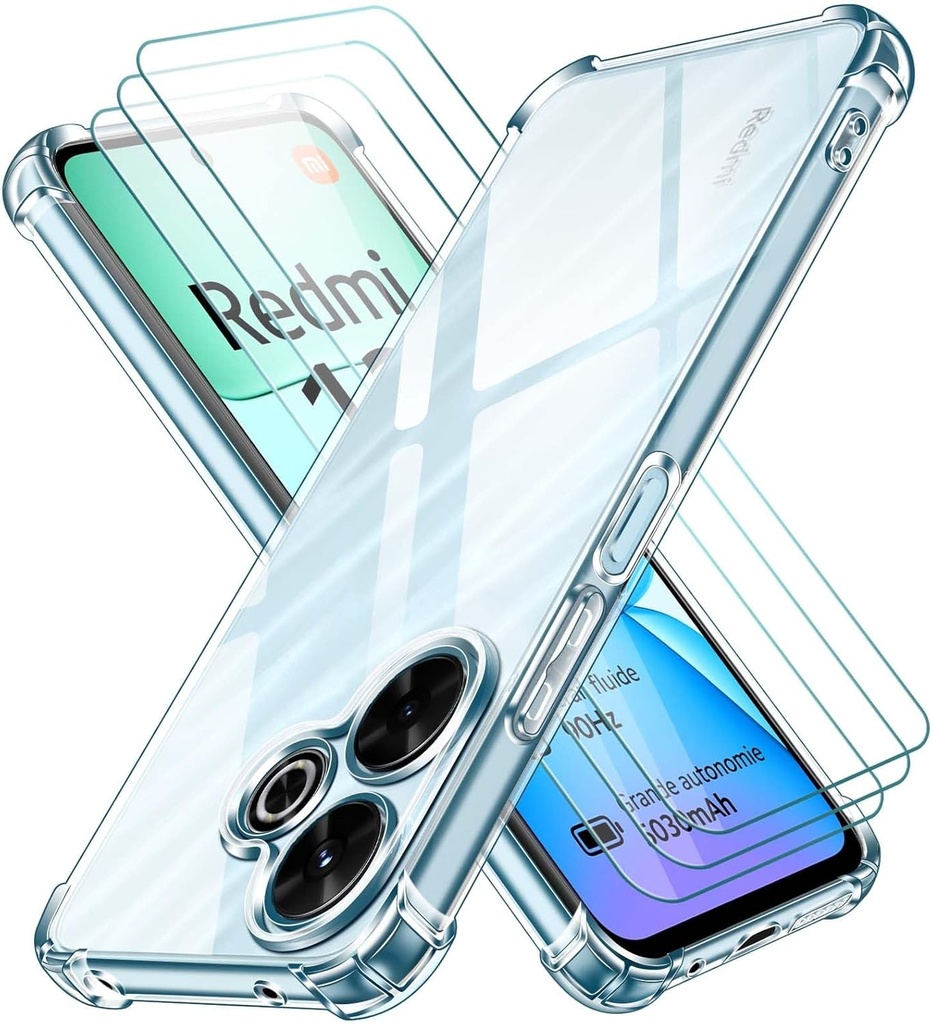 ivoler Husa 4 in 1 pentru Xiaomi Redmi 13 4G / Poco M6 4G cu 3 bucati de sticla securizata, husa de protectie din silicon ultra-transparenta rezistenta la socuri, husa de protectie moale TPU anti-zgarieturi