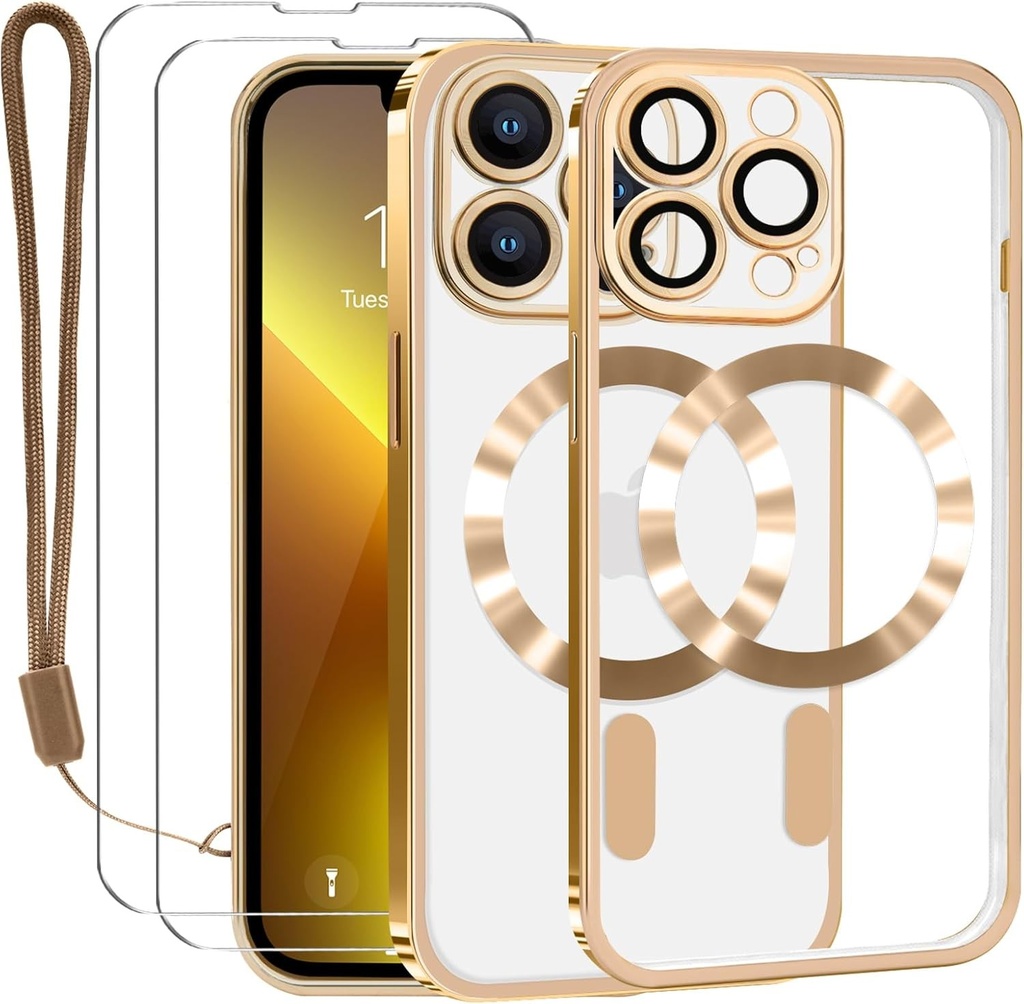 Husa Lafunda pentru iPhone 13 Pro Max cu 2*Sticla temperata si Protector pentru camera, Husa magnetica MagSafe pentru iPhone 13 Pro Max Protector de ecran transparent Husa magnetica Aur