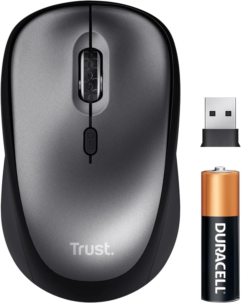 Mouse wireless linistit Trust Yuki cu baterie pentru utilizatori dreptaci si stangaci, 800-1600 DPI, 83% plastic reciclat, microreceptor USB stocabil, mouse fara fir compact pentru laptop, PC, Mac - negru