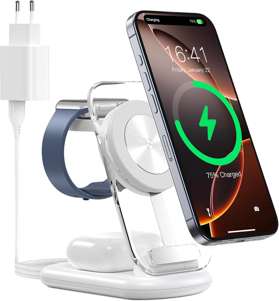 Statie de incarcare fara fir 3 in 1 pentru incarcator wireless magnetic pliabil si reglabil, suport de incarcare de calatorie Mag-Safe cu lumina pentru iPhone 16/15/14, AirPods, Apple Watch, alb
