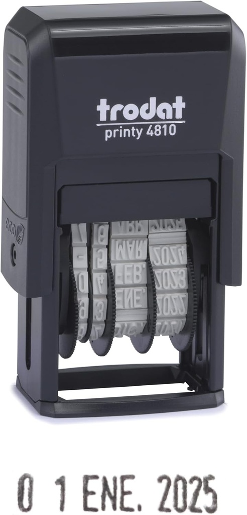 Stampila pentru data Trodat Printy 4810, luni prescurtate in spaniola, inaltimea datei 3,8 mm, cu cerneala automata, cerneala neagra