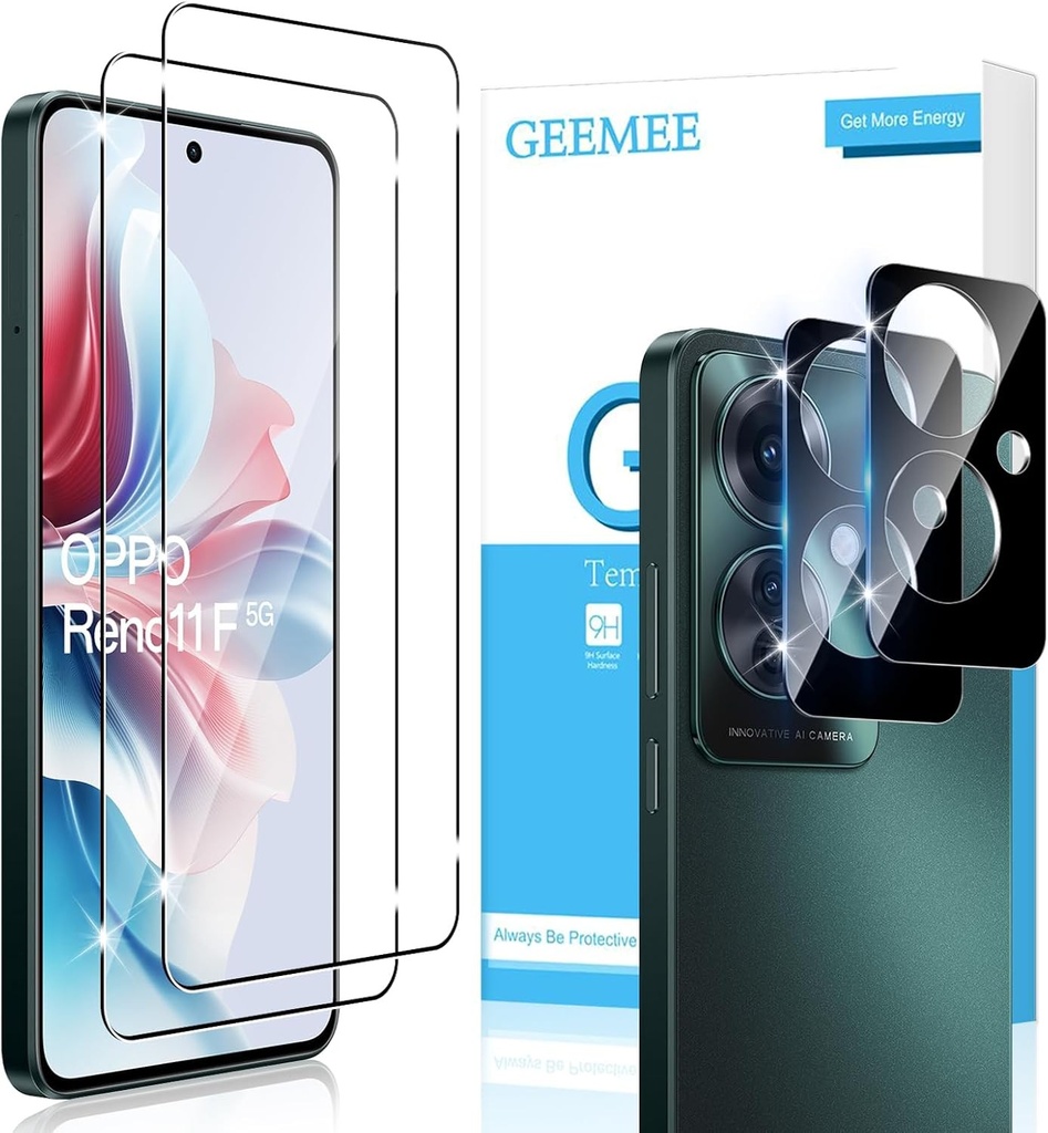 Protector de ecran GEEMEE pentru OPPO Reno11 F/Reno 11F 5G/ Reno 11 F 5G, 2+2 pachete de sticla securizata si protectie pentru lentila camerei (negru), duritate HD 9H, anti-zgarieturi, fara bule