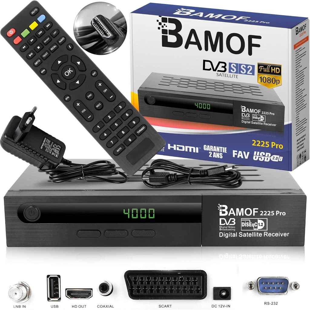 hd-line Bamof 2225 PRO Receptor satelit Receptor digital prin satelit (HDTV, DVB-S/DVB-S2, HDMI, SCART, 2x USB, Full HD 1080p) [Preprogramat pentru Astra, Hotbird si Turksat] + cablu HDMI, negru