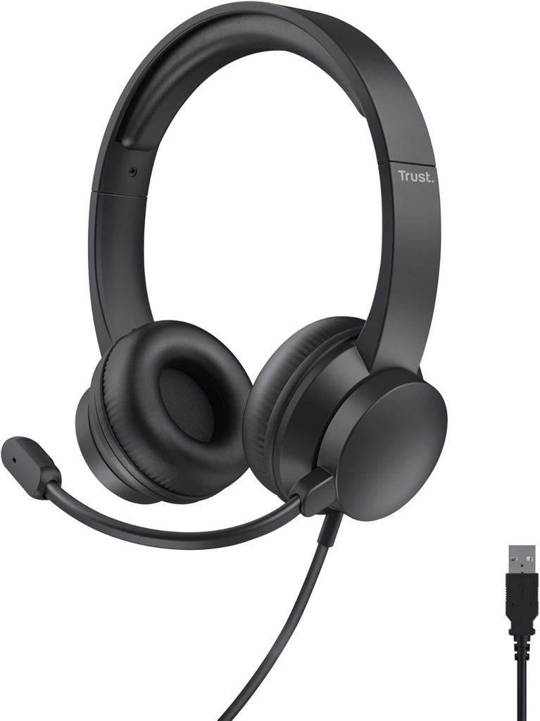 Casti USB Trust Roha II cu microfon usor pe ureche, banda pentru cap reglabila, microfon flexibil, cablu de 1,8 m, casti pentru PC cu fir pentru laptop, birou, telemunca, chat, echipe Zoom - negru