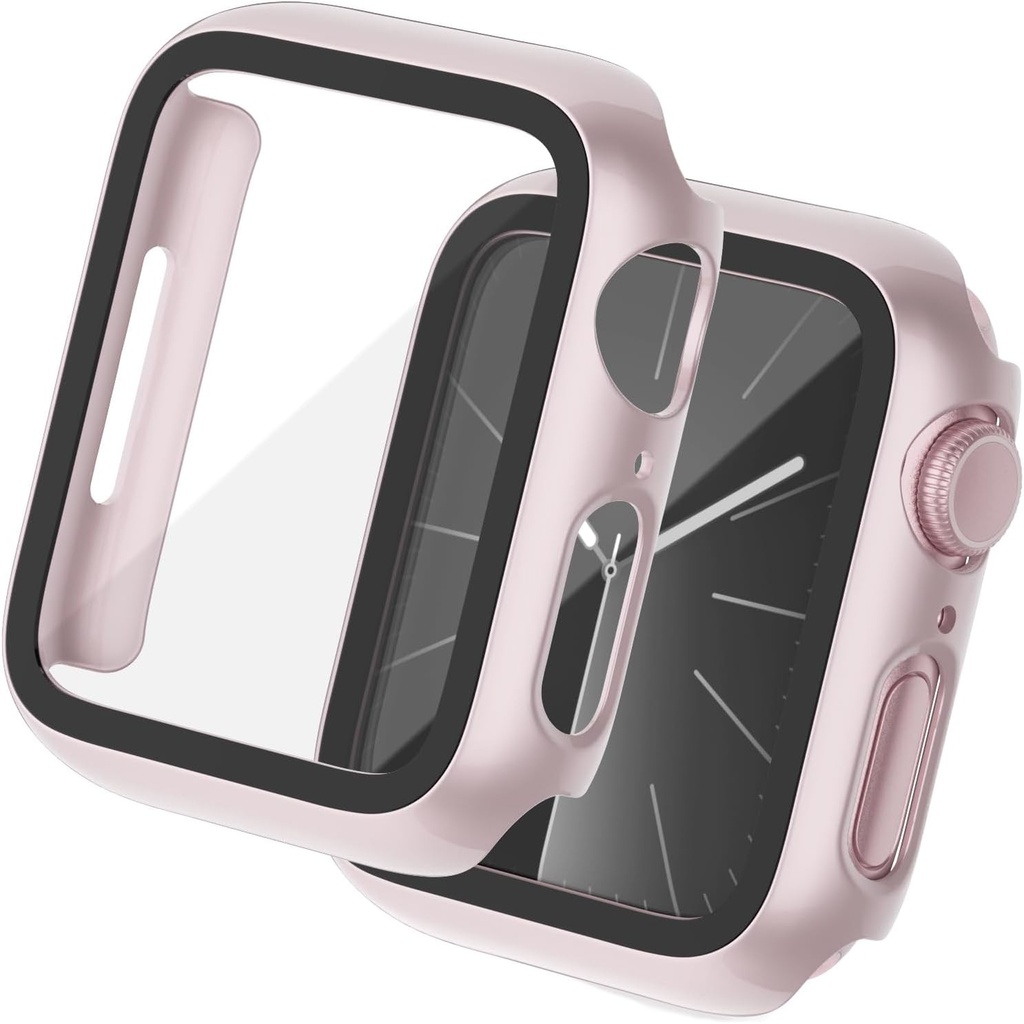 Tuocal 2 pachete de huse rigide compatibile cu Apple Watch Series 9 Series 8 Series 7 41 mm HD PC Protectie de acoperire completa cu husa de protectie pentru ecran Carcasa de protectie din sticla pentru iWatch 41 mm, roz