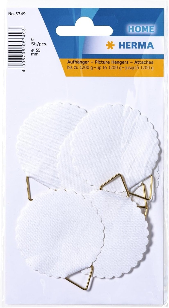 HERMA 5749 Umerase de tablou pentru montare cu adeziv, alb, mare, 6 bucati, O 55 mm, autoadeziv, agatat tablou pe franghie fara gaurire pentru perete, agatat puternic de sarma de hartie pentru poze si rame de pana la 1200 g