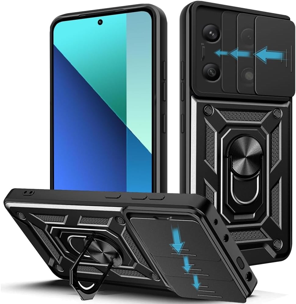Husa Loyhee pentru Xiaomi Redmi Note 13 4G (6,67"), Husa de protectie pentru camera cu capac pentru lentile glisante si suport pentru inel PC dur si silicon TPU rezistent la socuri anti-zgarieturi - argintiu
