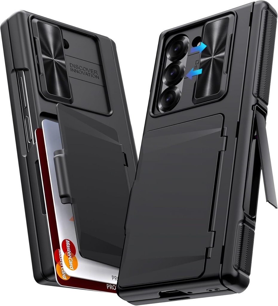 SIXBOX pentru Samsung Galaxy Z Fold 6 Husa cu slot pentru card si suport si husa pentru camera si protector de ecran si protectie pentru balamale, husa de protectie robusta, rezistenta la socuri, pentru Samsung Z Fold 6, negru