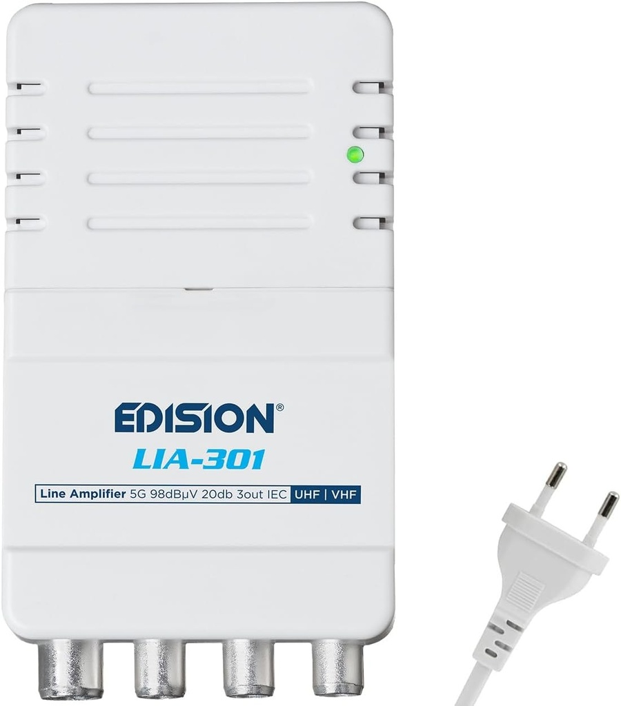 EDISION LIA-301 Amplificator antena TV pentru interior UHF/VHF, 5-20dB reglabil, 98dBmV, pentru digital terestre DVB-T/T2, cu filtru 5G LTE, 1 intrare, 3 iesiri, conectori IEC