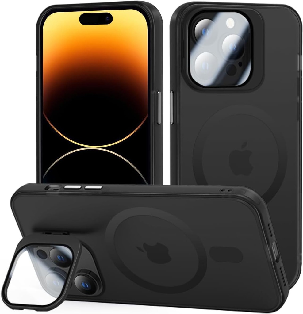husa tigratigro Kickstand, compatibila cu iPhone 15 Pro, protectie pentru camera din sticla temperata H9, husa din spate mata translucida, anti-amprenta, senzatie catifelata (negru grafit)