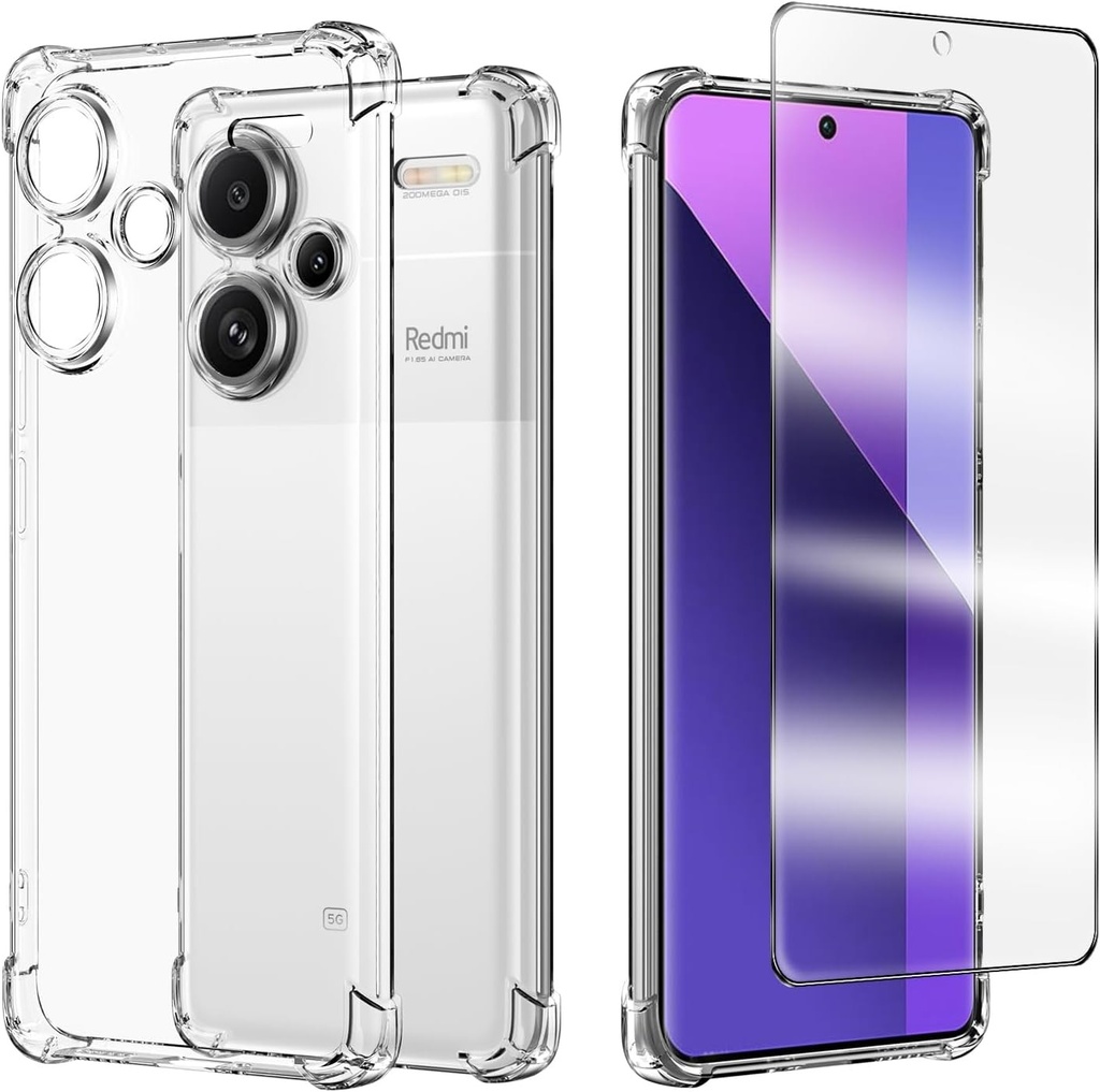 Husa WQRTYJK pentru Xiaomi Redmi Note 13 Pro Plus 5G cu 1 protector de ecran din sticla securizata, husa de protectie antisoc din silicon moale TPU cu pentru Redmi Note 13 Pro+ 5G - transparenta