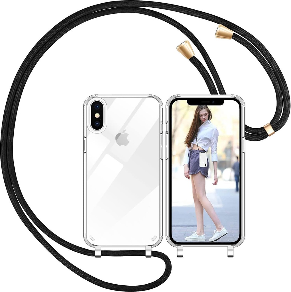 Nupcknn Lant pentru telefon mobil pentru husa iPhone X/iPhone XS cu curea, husa subtire transparenta pentru telefon mobil (detasabila) Colier cu snur pentru agatarea camerei de protectie Lant pentru telefon mobil Husa de protectie antisoc (transparent-aurie)