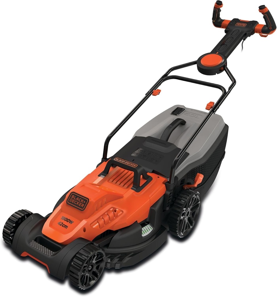 BLACK+DECKER, COSITA GAUZA 1800 W, LATime DE TAIERE 42 CM, 6 INALTIMI DE TAIERE 20-70 MM, E-DRIVE, CAPACITATE IARBA 50 L, MANER INOVATOR DE DIRECTIE USOR PENTRU MANOEVRABILITATE MAXIMA. BEMW481ES-QS