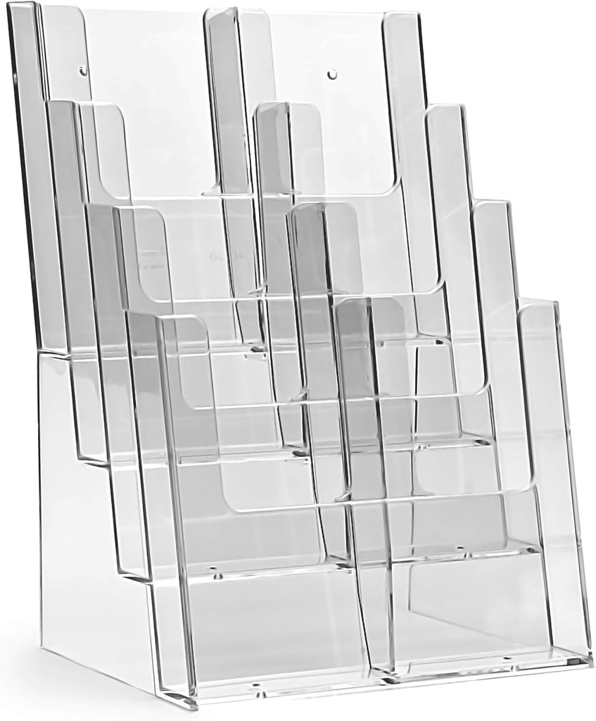 taymar 4C230 suport de masa pentru brosuri, suport pentru brosuri in format DIN A4 (4 compartimente) pe 4 nivele, inclusiv separatoare de compartimente pentru conversie optionala in DIN lung (DL) - trifold cu 8 compartimente - transparent