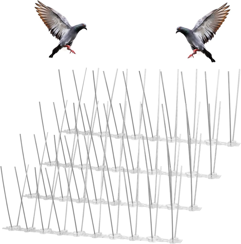 ASTER 4 randuri tepi pentru respingere porumbei, 25 cm x 4 buc. Tepi pentru respingere pasari din otel inoxidabil, descurajare pasari si protectie porumbei, tepi porumbei pentru balcon, acoperis, gard, gradina, fereastra, tepi de pasari pentru corbi, vrabii, pisici.