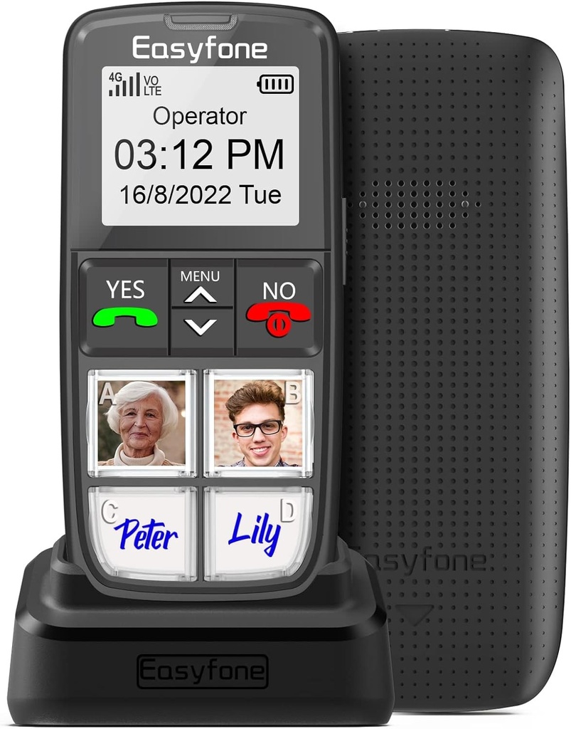 Telefon mobil Easyfone Prime-T6 4G fara cartela SIM, cel mai usor de utilizat, pentru seniori | 4 butoane mari de apelare directa a imaginii | Buton SOS | Statie de incarcare (negru)