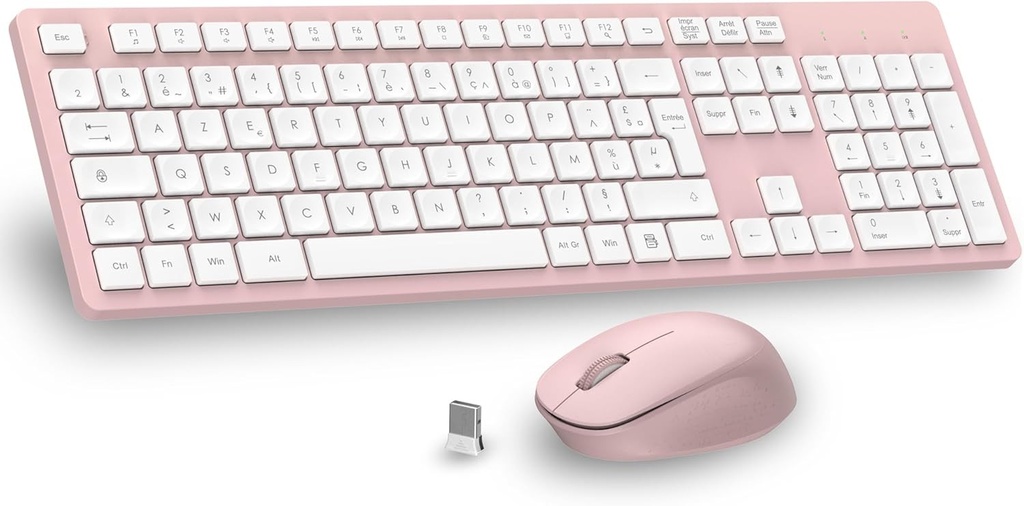 Set tastatura si mouse wireless LeadsaiL, tastatura franceza AZERTY ultra-subtire si silentioasa de dimensiuni normale, 2.4G, cu receptor USB pentru PC, laptop, Windows, Mac - roz