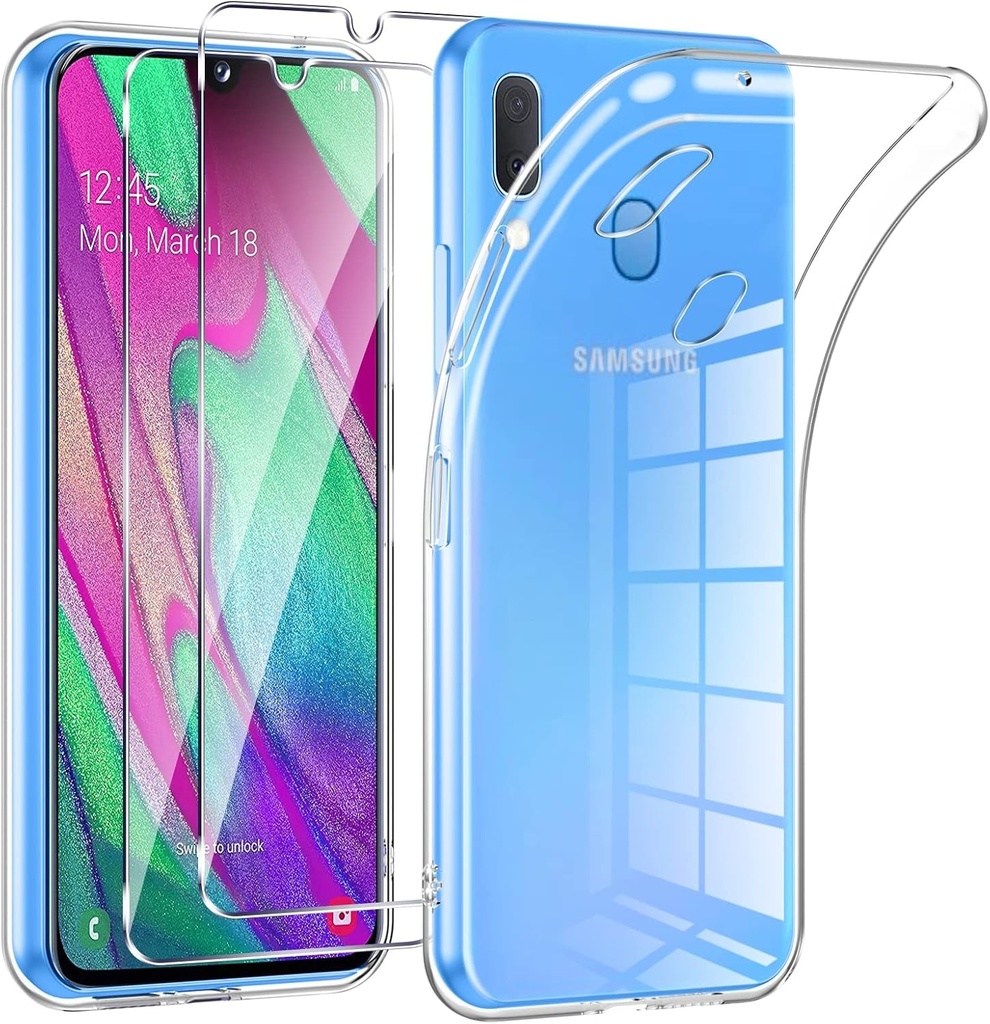 Carcasa Phoona pentru Samsung Galaxy A40 cu 2 folii de protectie din sticla securizata, carcasa din silicon TPU ultra-transparenta si moale pentru Samsung A40, carcasa rezistenta la socuri si anti-ingalbenire