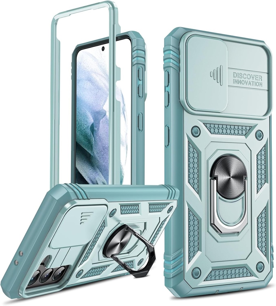 Carcasa rezistenta la socuri LeYi pentru Samsung S21 5G: capac glisant pentru lentila, suport inelar, protectie rigida pentru camera PC, armura anti-cadere ranforsata, carcasa rezistenta pentru Galaxy S21, verde