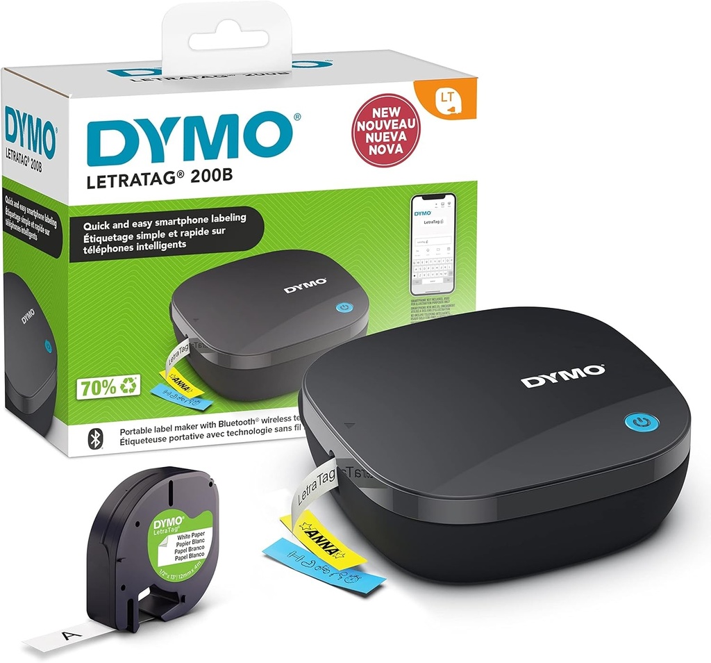 Imprimanta de etichete DYMO LetraTag 200B cu Bluetooth | Imprimanta de etichete compacta | Se conecteaza la iOS si Android prin tehnologie wireless Bluetooth | Include 1 x banda adeziva pentru etichete din hartie alba