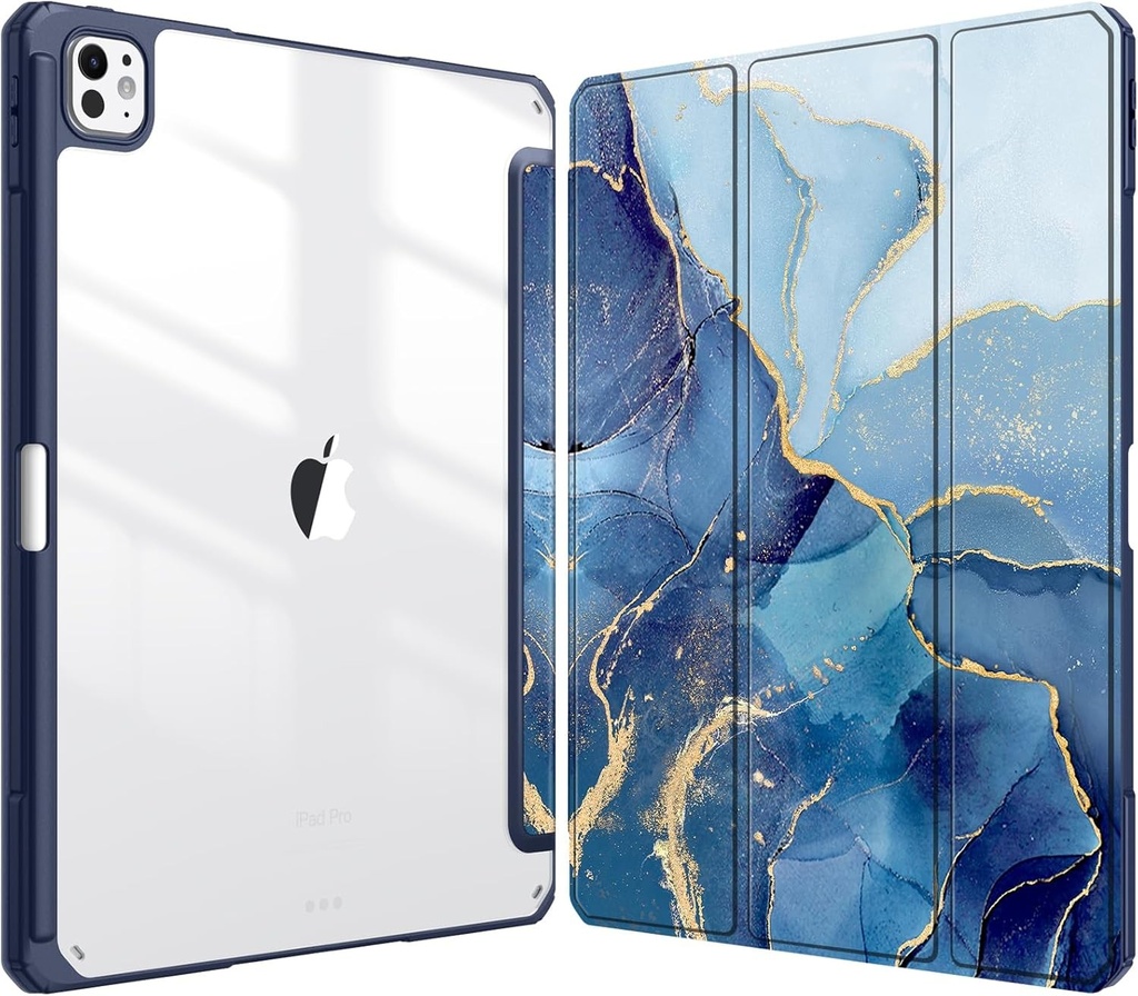 Husa hibrida Fintie pentru iPad Pro 13 inch (M4) 2024 cu suport pentru stilou - Husa de protectie rezistenta la socuri cu carcasa rigida transparenta pe spate, marmura oceanica