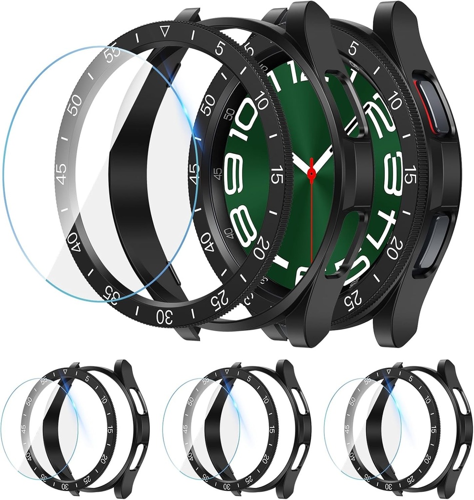 [3+3 Bucati] Husa Kamita 3 in 3 pentru Samsung Galaxy Watch 6 Classic 43mm, 3 Protectii Ecran din Sticla Securizata + 3 Carcase Bumper PC + 3 Inele de Capac pentru Galaxy Watch6 Classic (Negru+Albastru+Argintiu)