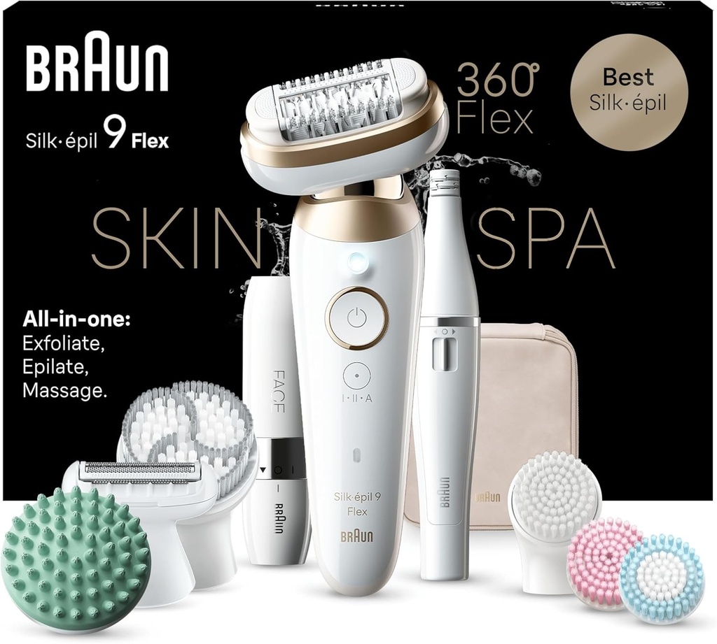 Epilator electric 3D Braun Silk-epil 9 9-681 pentru femei, cap flexibil la 360°, impermeabil, fara fir, kit spa multifunctional cu atasament FaceSpa, mini aparat de ras facial, cap exfoliant, cap de masaj