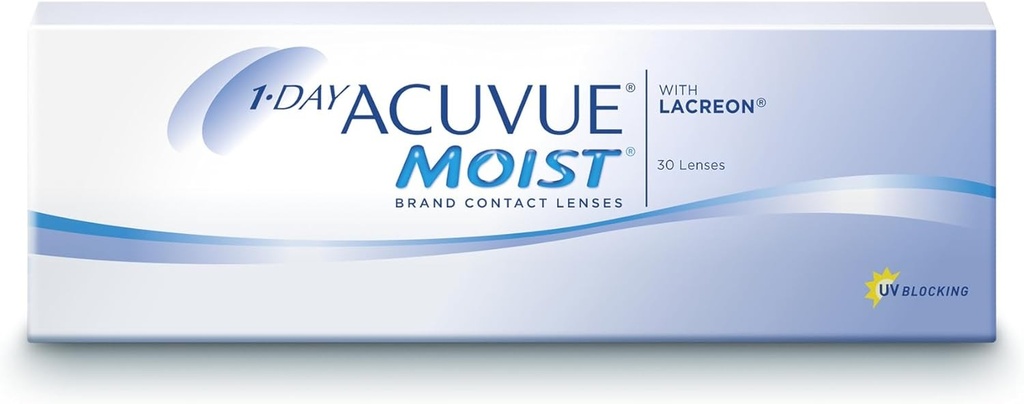 Lentile de contact ACUVUE MOIST de 1 zi pentru ochi sensibili si persoane alergice - Lentile de contact zilnice cu 1 dioptrie si BC 8.5 - Protectie UV si purtare confortabila - 30 de lentile