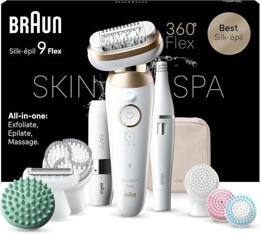 Epilator electric 3D Braun Silk-epil 9 9-681 pentru femei, cap flexibil la 360°, impermeabil, fara fir, kit spa multifunctional cu atasament FaceSpa, mini aparat de ras facial, cap exfoliant, cap de masaj