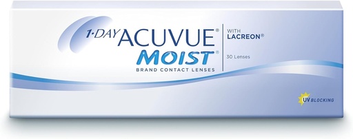 Lentile de contact ACUVUE MOIST de 1 zi pentru ochi sensibili si persoane alergice - Lentile de contact zilnice cu 1 dioptrie si BC 8.5 - Protectie UV si purtare confortabila - 30 de lentile
