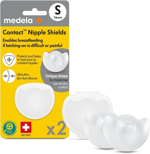 Protectii pentru sani Medela Contact din silicon - Design moale, ultra-subtire - Fara BPA - 1 pachet cu 2 protectii (20 mm) si cutie de depozitare