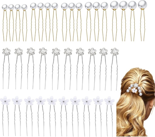 Set de 38 de ace de par pentru mireasa, ace de par pentru mireasa, ace de par cu perle si flori, ace de par in forma de U cu strasuri, agrafe de par pentru femei si fete, accesorii de par pentru coafuri de mireasa si domnisoare de onoare