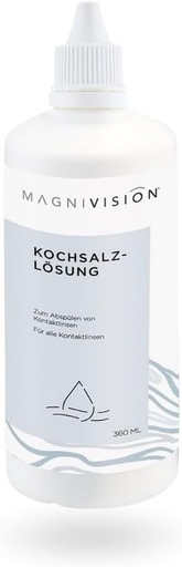 Solutie salina MAGNIVISION, 360 ml solutie salina pentru lentile de contact, pentru clatirea lentilelor de contact moi si dure, fara borat, fabricata in Europa