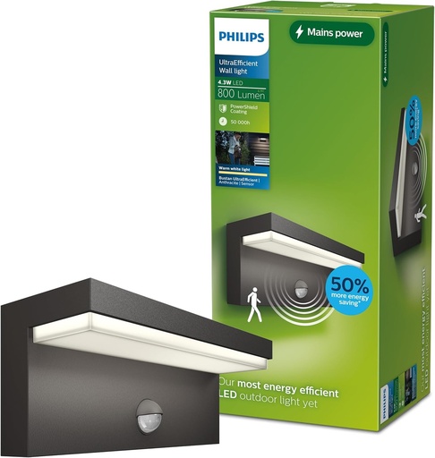 Lampa de perete pentru exterior Philips Bustan UltraEfficient, 3,8 W, lumina alba calda 2700 K, antracit, senzor de miscare, rezistenta la intemperii IP44