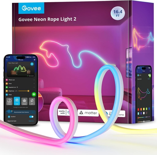Banda luminoasa neon Govee Neon Rope 2, RGBIC 5m LED Neon Banda cu mapare a formei, functioneaza cu Matter, Alexa si Google Assistant, efect de lumina DIY, pentru decorarea peretelui in sufragerie, alb