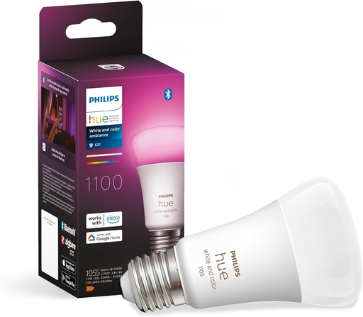 Bec LED Philips Hue White & Color Ambiance E27, 1100lm, 16 milioane de culori, reglabil, controlabil prin aplicatie si voce, compatibil cu Amazon Alexa (Echo, Echo Dot), pachet de 1, generatie mai veche