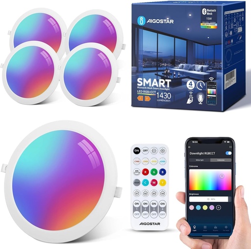 Spot LED inteligent incastrat Aigostar, 15W, cu plasa Bluetooth, luminozitate reglabila si telecomanda, compatibil cu Alexa, 1430LM RGB, lumina alba 2700K-6500K, Ø 150-160mm, 4 bucati
