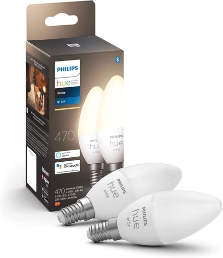 Becuri LED Philips Hue White E14 in forma de lumanare, pachet de 2 (470 lm), becuri LED reglabile pentru sistemul de iluminat Hue cu lumina alba calda, control inteligent al luminii prin voce si aplicatie
